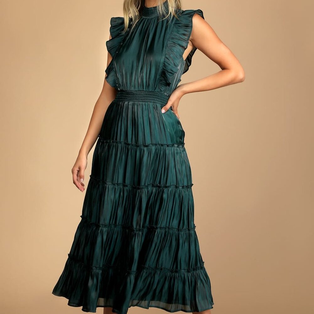 Emerald Green Tiered Mock Neck Midi Dress
